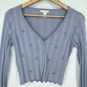 FULL TILT Mushroom Cardigan Rib Knit Cropped Embroidered Novelty Sweater